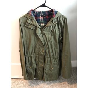 Olive Green Utility Jacket with Plaid Detail